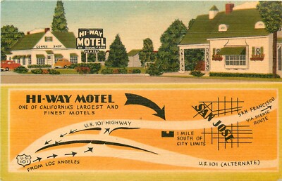 Linen Postcard; Hi-Way Motel & Coffee Shop, San Jose CA Split View Hwy 101 Map