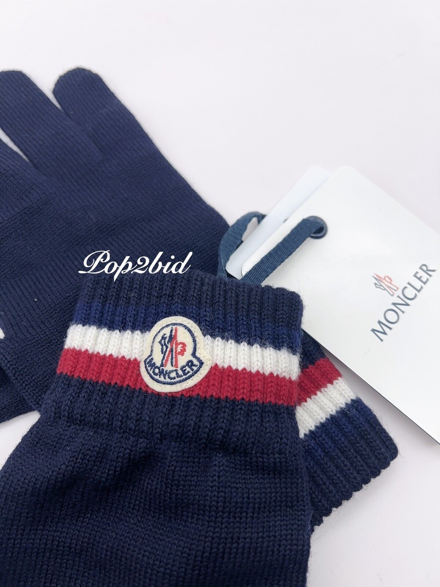 NWT 100% Authentic Moncler Stripe-Cuff Knitted Wool Gloves in Navy