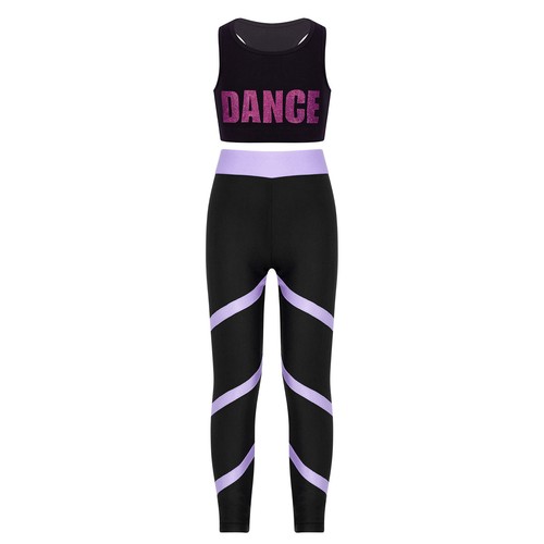 Kids Girls Crop Top With Pants Slim Fit Dance Set Gymnastics Outfits Round Neck - Picture 42 of 58