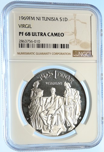 1969 TUNISIA History VIRGIL Vintage VERGILIUS Proof Silver Dinar Coin NGC i98435 - Picture 3 of 5