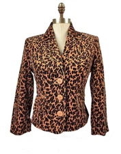 METRO Style Leopard print Women's stretch cotton Corduroy Blazer Jacket Size 8