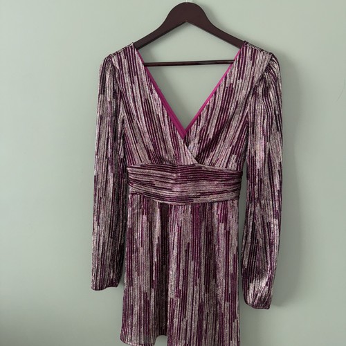 Lilly Pulitzer Riza Long Sleeve Mulberry and Gold Stripe Romper Dress Size XS - Picture 3 of 12