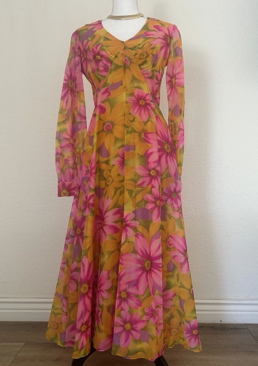 70s style dresses Vintage 1970s Gunne Floral Maxi Dress This dress boasts a beautiful mix of orange 1970s Vintage Dresses for Women
