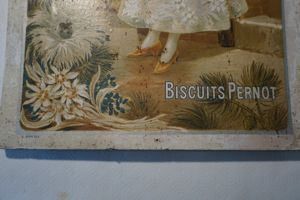 Ancien carton plaque publicitaire Biscuits PERNOT Fleur des Neiges à DIJON Gerin - Photo 2/4