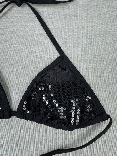 Black Sequin Sparkly Halter Bikini Swim Top Beach Summer Festival Glam Y2K Small - Picture 2 of 4