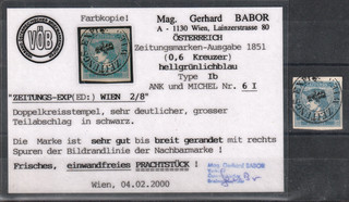 ÖSTERREICH MiNr. 6 I ANK 6 I Type Ib (0 6 Kr.) hellgrünlichblau BABOR VÖB