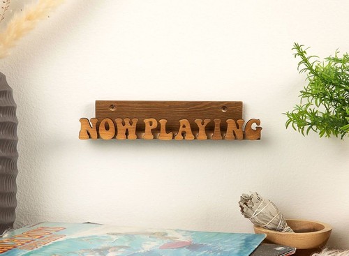 Now Playing Vinyl Record Stand - Display Wall Mount Solid Wood Album Shelf Br... - Picture 3 of 7