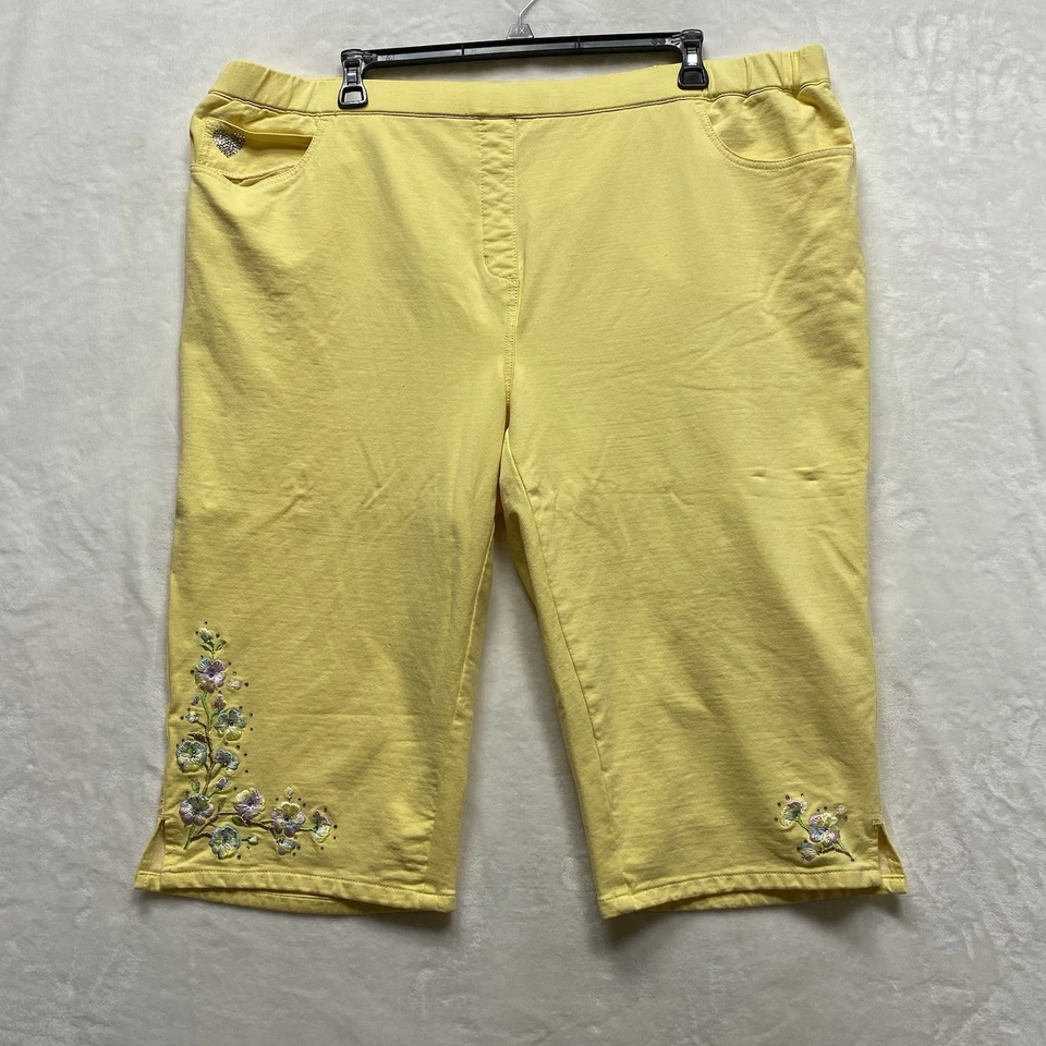 Quacker Factory DreamJeannes Floral Embroidered Capri Pants Plus Size 3X Yellow - Image 2 of 4