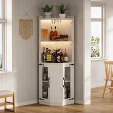 67.3" Corner Bar Cabinet Kitchen Storage Cabinet w/Lights & Glass Rack for Home