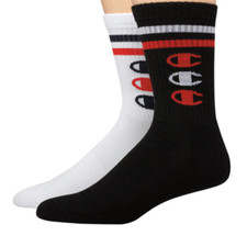 Champion 2 Pack - Athletic Crew Socks Black/White with Vertical Logo - Sz 6-12