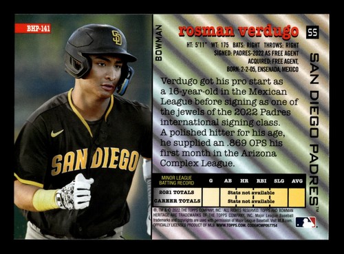 2022 Bowman Heritage Prospects Rosman Verdugo #BHP141 San Diego Padres (B) - Picture 2 of 2