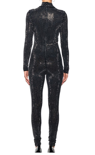 AKIRA-ALL ABOUT ME-NERO-TUTA A RIGHE CON STRASS-NYLON/SPANDEX-S-EUC - Foto 3 di 11