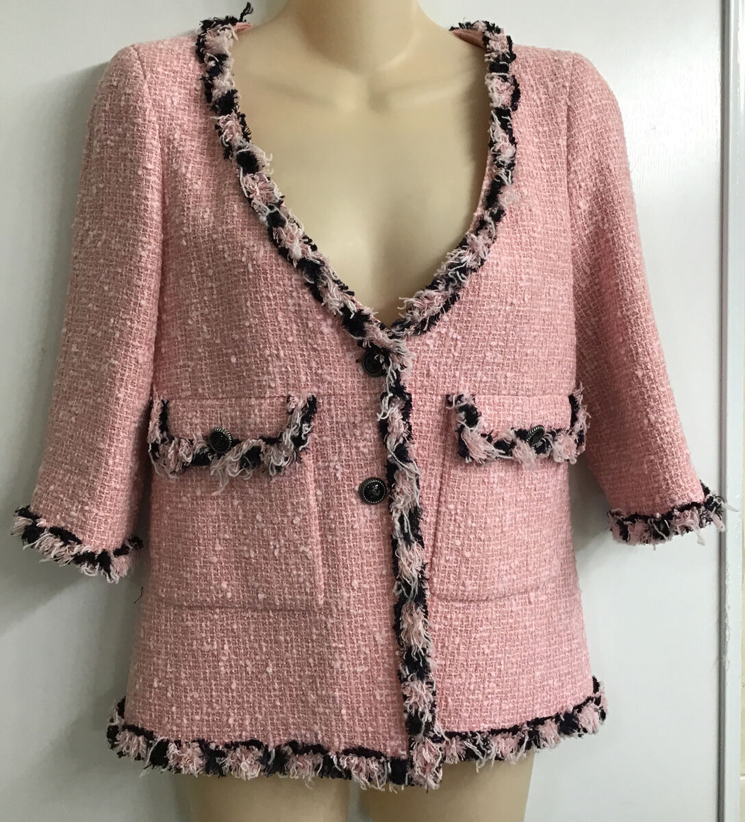 Chanel Jacket Pink Boucle Black Fray Trim 3/4 Sleeve Vintage Chanel Jacket Pink Boucle Black Fray Trim 3/4 Sleeve Vintage