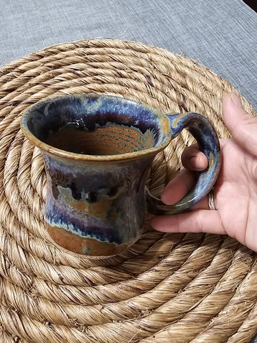Vtg Hand Made Studio Art Pottery Coffee Mug Signed Blue Purple Glaze Crack Updat