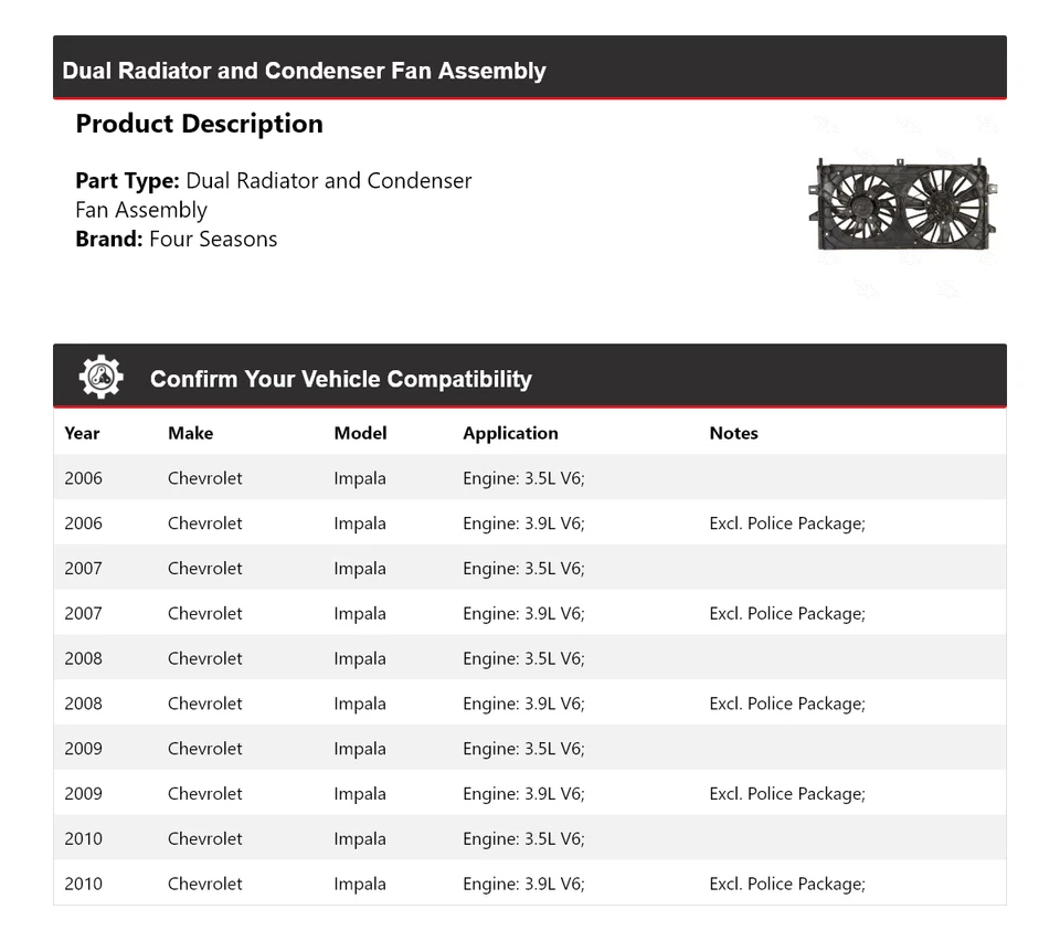 Conjunto de ventilador condensador radiador doble 4 mares Chevrolet Impala 2006-2010 Foto 2 de 4
