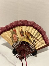 19 Century Wooden Asian Fan With Lace Trim. Shows Some Wear. Read
