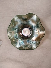 Antique Fenton "Pepper Plant" Green Ruffled Hat Candy Dish Megawatt Iridescence 