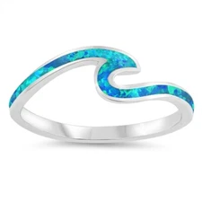 Wave Ring Genuine Sterling Silver 925 Blue Lab Created Opal Band 7mm Sizes 4-12