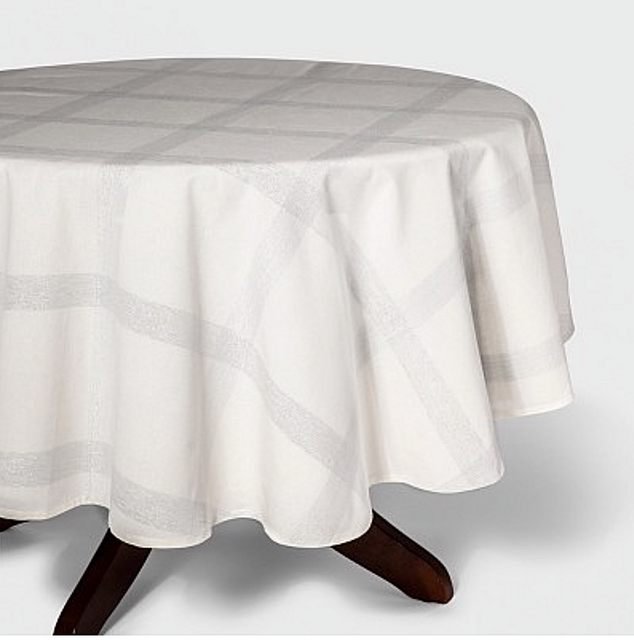 Threshold 70" Round Cotton Blend Plaid Check Tablecloth White / Silver