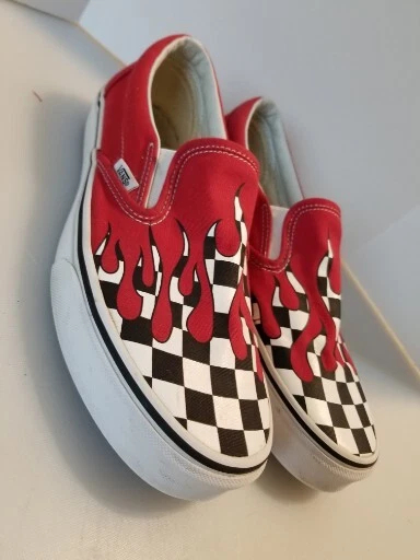 black and white checkered vans with red drip
