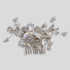 Silver Tone Bridal Hair Comb, Floral Hair Accessory Rhinestones Pearls