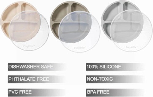 Food Grade Silicone Baby Plates Stay Put Toddler Plate BPA Free 3 PK W/LIDS - Picture 2 of 8