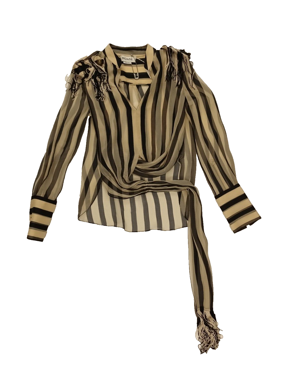 Monse Women's Designer Black and Beige Striped Silk Blouse Size