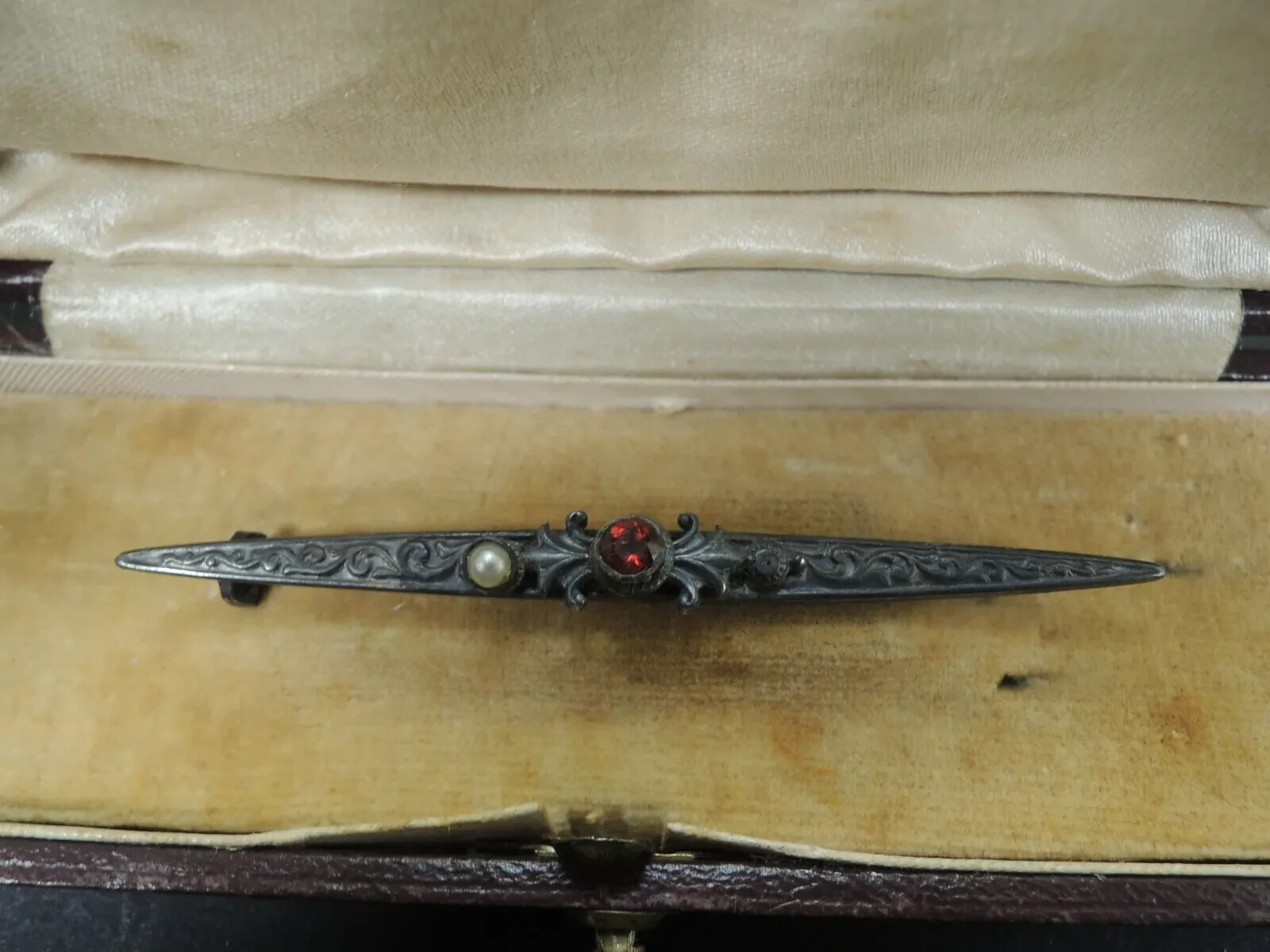 Antique Victorian-Solid Silver Ruby- 800ag. pin b… - image 1