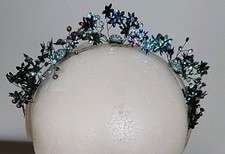 VTG Tiara Hair Comb with Blue, Teal Crystals, Flower Sequins