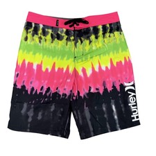 Hurley Board Shorts Boys 14 Black Neon Tie Dye Swim Trunks 14/27 Waist