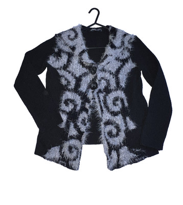 Marlene B Paris France schwarz grau Strick Cardigan flauschig flauschig zwei Knöpfe Gr. M