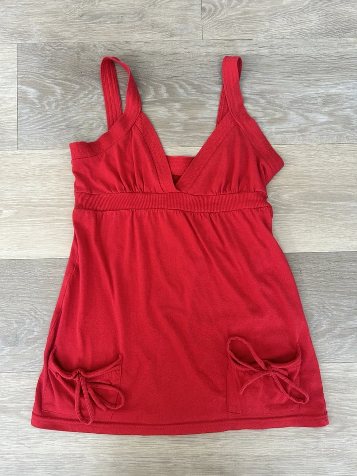 Camiseta sin mangas Energie Y2K Babydoll roja cami cintura imperio bolsillos con cordón Foto 2 de 4