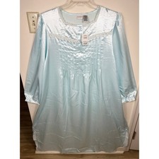 VTG Delicates Nightgown Women L Aqua Satin Lace Trim Pintuck 90s Traditional
