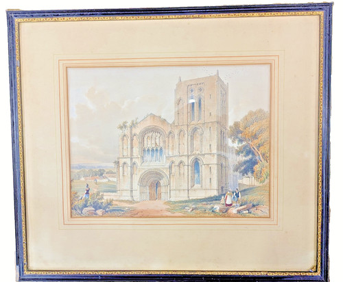 Old Malton Priory Yorkshire Antique Lithograph Print in Frame c1850