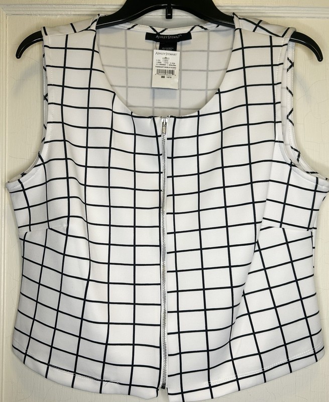Ashley Stewart 14/16 White Black Windowpane Zipper-Front Sleeveless Women’s Top