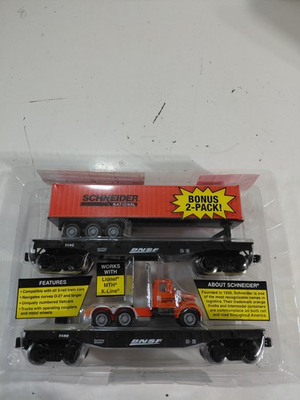#ad NIP Menards 279 5573 O Gauge Model Railroad Schneider Tractor Trailer BNSF Flat $50.00