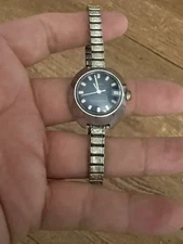 Vintage Timex Women's Watch Silver Tone Blue Dial Manual Wind- Working