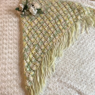 Handmade cream yellow crochet soft vintage wrap shawl 43''x60 Fairycore bohemian