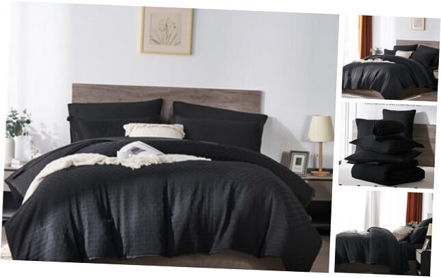 Comforter Set Queen Size, 7 Piece Bed in a Bag Waffle Queen(7-Piece Set) Black-image