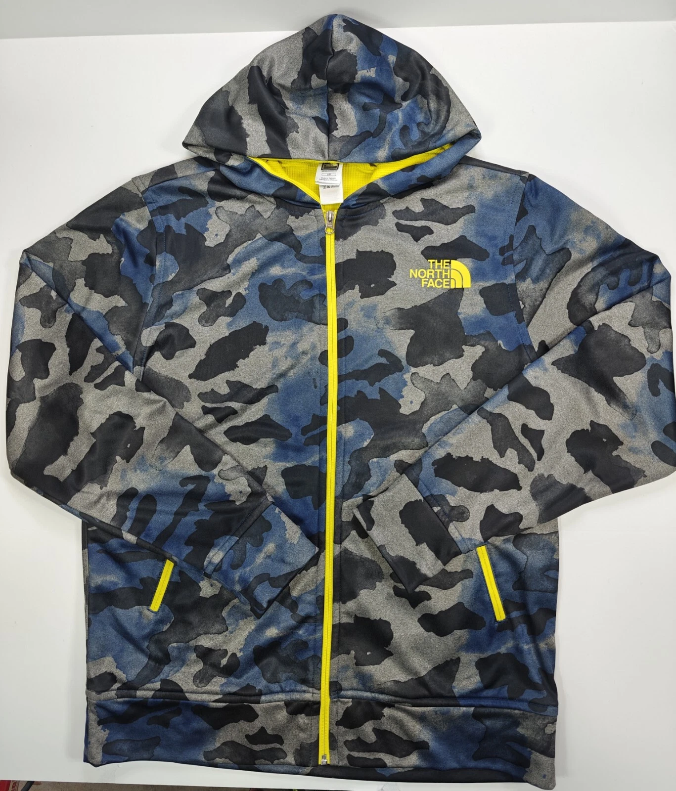 The North Face Line BLUE Gray Camo Full Zip Up Hoodie Yellow Thermal Lined Mens