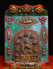 8.6" Tibet Pure Bronze Gilt Inlay Gem dZi Bead Green Tara Buddha Buddhist niche