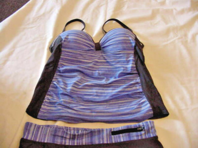 Maillot De Bain 2 Pièces Femme Taille L - Jupe Swim Skirt Rayures Gris Et Bleu Foncé, Neuf Sans étiquettes