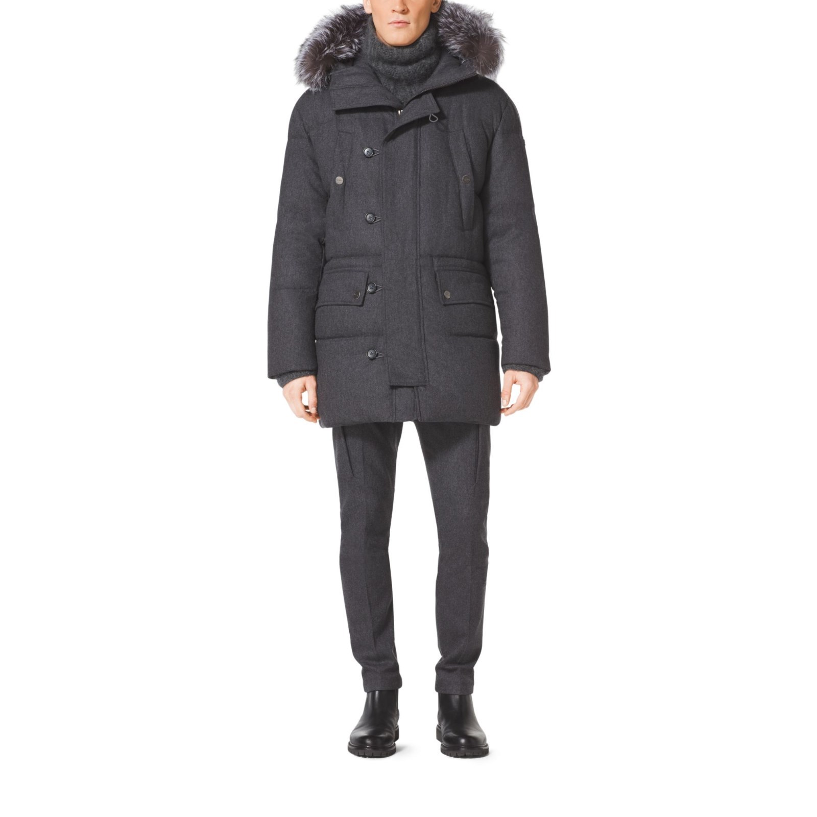 New MICHAEL KORS Runway Collection Wool/Cashmere Flannel Down Fox-Fur-Trim Parka image 5