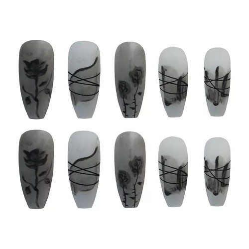 24 Nagelpressset mit Kleber Lang Goth Schwarz Rose Grau Matt Mattiert - Bild 5 von 6