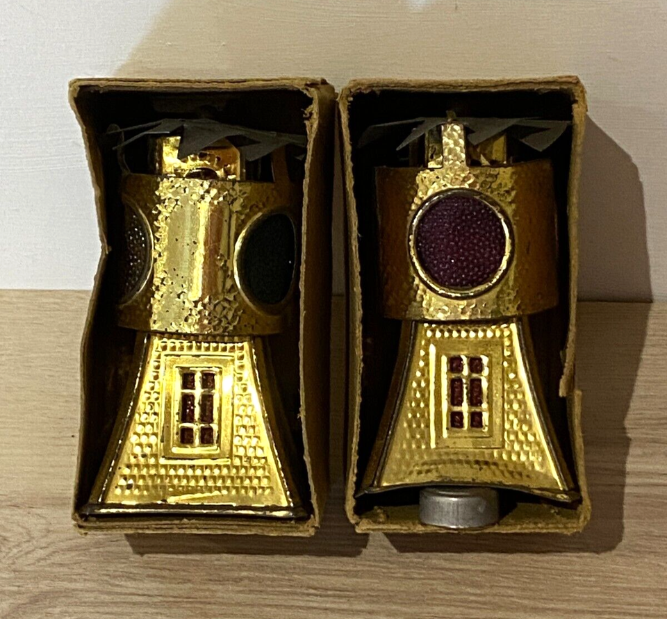 2 ANTIQUE TIN PLATE CANDLE POWERED LIGHTHOUSE CHRISTMAS DECORATIONS