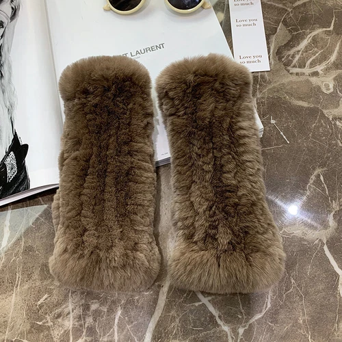 Womens Winter Real Rabbit Fur Gloves Knitted Stretch Fingerless Mitten Gloves - Picture 55 of 102