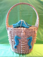 Vintage Wicker Basket Purse Starfish Seahorse Pearls Nantucket style Ritter