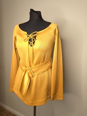 Vintage 90s Miss Sixty Mustard Yellow Blouse | Size S/M | Lace Up Top with Belt