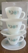 Set Of 3 Fire King Oven Ware BONNIE BLUE CARNATION CORN FLOWER Tea Cups Saucers
