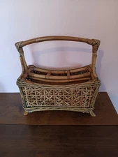 Vintage Bamboo Wicker Basket Utensil Caddy Silverware Napkins 
